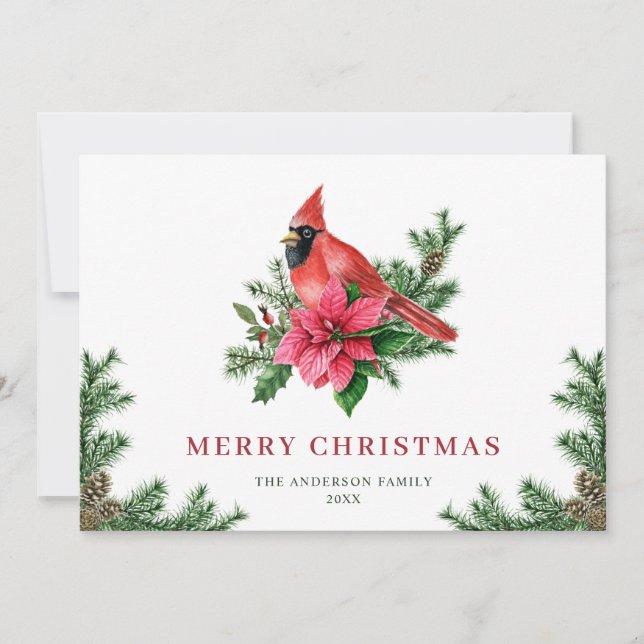 Tarjeta Festiva Saludo del Cardenal Rojo de Poinsettia Navidades (Anverso)