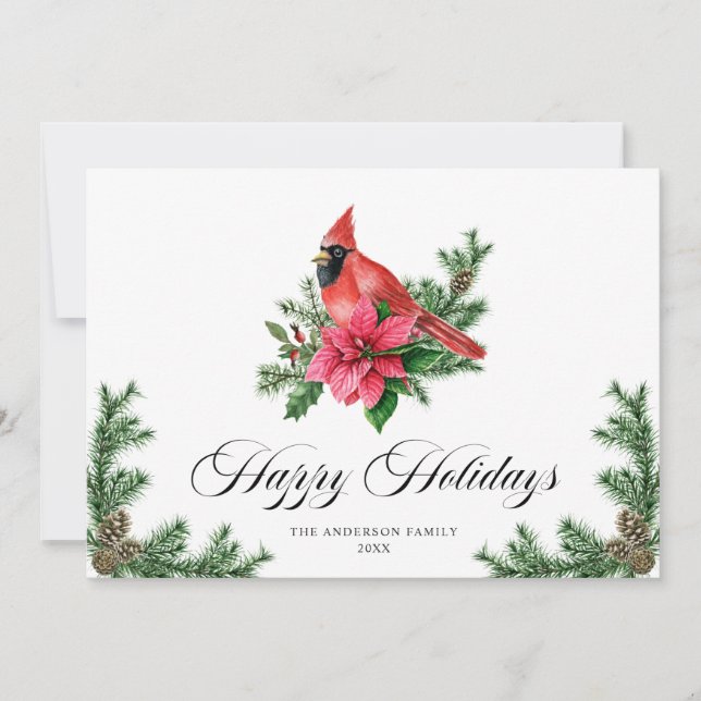 Tarjeta Festiva Saludo del Cardenal Rojo de Poinsettia Navidades (Anverso)