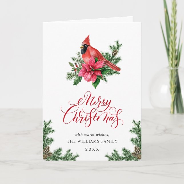 Tarjeta Festiva Saludo del Cardenal Rojo de Poinsettia Navidades (Anverso)