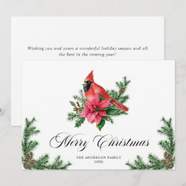 Tarjeta Festiva Saludo del Cardenal Rojo de Poinsettia Navidades