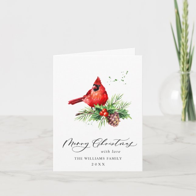 Tarjeta Festiva Saludo del cardenal rojo Holly Berry Navidades (Anverso)