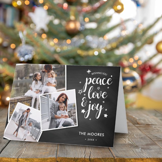 Tarjeta Festiva Saludo del collage de fotos del día de fiesta de (Stylish Chalkboard 3 Photo Collage Holiday Card)