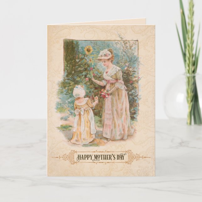 Tarjeta Festiva Saludo del Día de la Madre e Hijo Vintage con el D (Anverso)