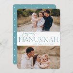 Tarjeta Festiva Saludo festivo | 2 Foto Joyous Hanukkah<br><div class="desc">Nuestro elegante y festivo diseño de tarjetas Hanukkah es la manera perfecta de mostrar dos de sus fotos familiares favoritas. Funciones de diseño "Joyous Hanukkah" en tipografía sueca verde azulada suave y escritura con letras a mano, junto con el nombre de tu familia. Las tarjetas cambian a un patrón de...</div>