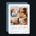 Tarjeta Festiva Saludo festivo | 3 Collage de fotos Hanukkah<br><div class="desc">Un retro se encuentra con el moderno diseño de una tarjeta de fotos Hanukkah con tres de tus fotos favoritas (una horizontal/horizontal y dos cuadradas) en un fondo blanco y nítido acentuado con estrellas dibujadas a mano en las esquinas. "Joyous Hanukkah" aparece debajo de la letra manuscrita. Personaliza con tu...</div>