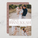 Tarjeta Festiva Saludo festivo | 3 Foto Joyous Hanukkah<br><div class="desc">Nuestro elegante y festivo diseño de tarjetas Hanukkah es la manera perfecta de mostrar tres de tus fotos familiares favoritas. El diseño incluye "Joyous Hanukkah" en la elegante tipografía de terracota serif y escritura con letras a mano, con el nombre de su familia. Las tarjetas cambian a un patrón de...</div>