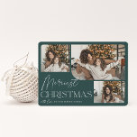 Tarjeta Festiva Saludo festivo | Foto de Navidades más valiosos<br><div class="desc">Nuestro elegante y festivo diseño de tarjetas de vacaciones es la manera perfecta de mostrar tres de sus fotos familiares favoritas. El diseño horizontal o paisajístico presenta "Navidades más bonitos" en tipografía blanca y escritura con letras a mano,  con el nombre de su familia bajo un fondo verde cazador.</div>