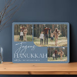 Tarjeta Festiva Saludo festivo | Joyous Hanukkah 3 Foto<br><div class="desc">Nuestro elegante y festivo diseño de tarjetas Hanukkah es la manera perfecta de mostrar tres de tus fotos familiares favoritas. El diseño horizontal o orientado al paisaje presenta "Joyous Hanukkah" en tipografía blanca y escritura con letras a mano, con el nombre de tu familia bajo un polvoriento fondo azul pizarra....</div>