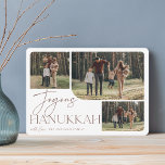 Tarjeta Festiva Saludo festivo | Joyous Hanukkah 3 Foto<br><div class="desc">Nuestro elegante y festivo diseño de tarjetas Hanukkah es la manera perfecta de mostrar tres de tus fotos familiares favoritas. El diseño horizontal o paisajístico presenta "Joyous Hanukkah" en la tipografía de terracota de tono neutro y escritura con letras a mano, con el nombre de tu familia bajo un fondo...</div>