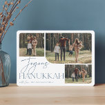 Tarjeta Festiva Saludo festivo | Joyous Hanukkah 3 Foto<br><div class="desc">Nuestro elegante y festivo diseño de tarjetas Hanukkah es la manera perfecta de mostrar tres de tus fotos familiares favoritas. El diseño horizontal o paisajístico presenta "Joyous Hanukkah" en la tipografía polvorienta de terracota azul de pizarra y escritura con letras a mano, con el nombre de tu familia bajo un...</div>
