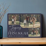 Tarjeta Festiva Saludo festivo | Joyous Hanukkah 3 Foto<br><div class="desc">Nuestro elegante y festivo diseño de tarjetas Hanukkah es la manera perfecta de mostrar tres de tus fotos familiares favoritas. El diseño horizontal o paisajístico presenta "Joyous Hanukkah" en tipografía blanca y escritura con letras a mano,  con el nombre de tu familia bajo un fondo azul medianoche.</div>