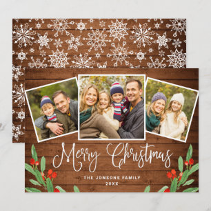Tarjeta Festiva Saludo FOTOGRÁFICO 3 de Rustic Brown Wood 3 navida