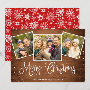 Tarjeta Festiva Saludo FOTOGRÁFICO 3 de Rustic Brown Wood 3 navida