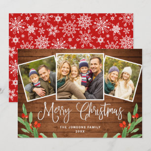 Tarjeta Festiva Saludo FOTOGRÁFICO 3 de Rustic Brown Wood 3 navida
