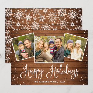 Tarjeta Festiva Saludo FOTOGRÁFICO 3 de Rustic Brown Wood 3 navida