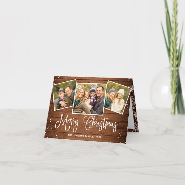 Tarjeta Festiva Saludo FOTOGRÁFICO 3 de Rustic Brown Wood 3 navida (Anverso)