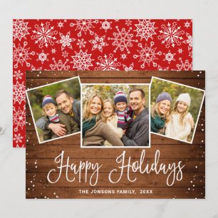 Tarjeta Festiva Saludo FOTOGRÁFICO 3 de Rustic Brown Wood 3 navida