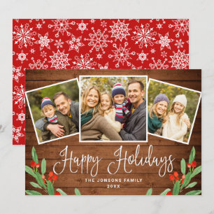 Tarjeta Festiva Saludo FOTOGRÁFICO 3 de Rustic Brown Wood 3 navida