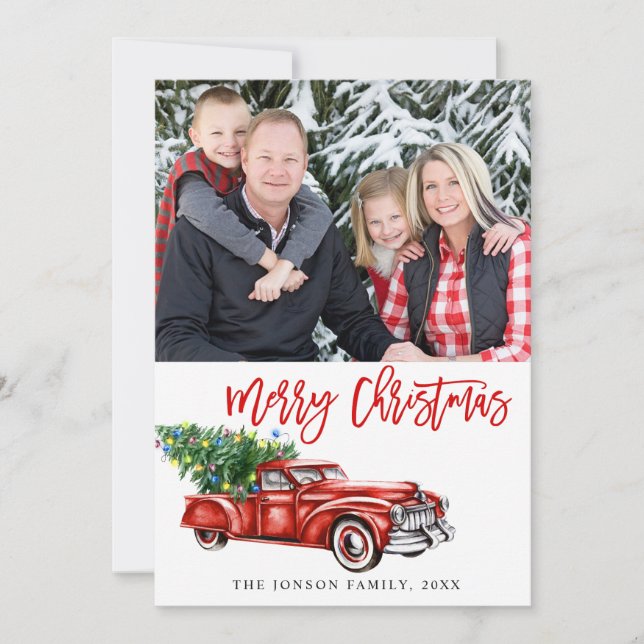 Tarjeta Festiva Saludo fotográfico de camionetas de Navidades clás (Anverso)