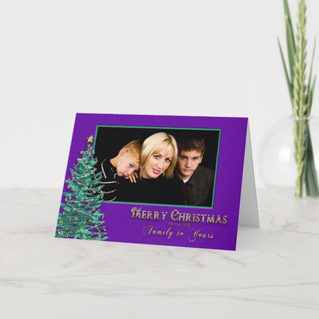 Tarjeta Festiva Saludo fotográfico de navidades - Morado/Verde azu (Anverso)