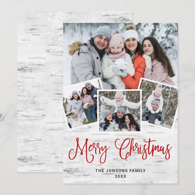 Tarjeta Festiva Saludo FOTOGRÁFICO Rústico Birch Bark 4 navidades (Anverso / Reverso)