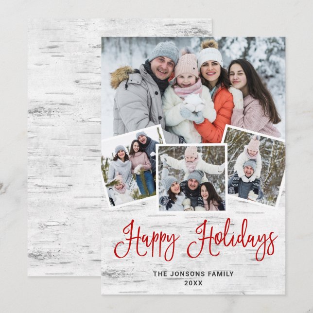 Tarjeta Festiva Saludo FOTOGRÁFICO Rústico Birch Bark 4 navidades (Anverso / Reverso)