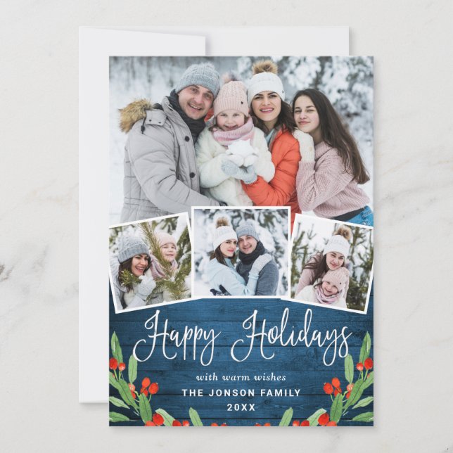 Tarjeta Festiva Saludo FOTOGRÁFICO Rústico Blue Wood 4 navidades (Anverso)