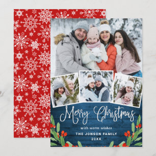 Tarjeta Festiva Saludo FOTOGRÁFICO Rústico Blue Wood 4 navidades