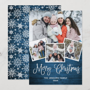Tarjeta Festiva Saludo FOTOGRÁFICO Rústico Blue Wood 4 navidades