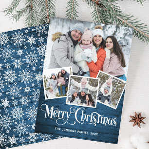 Tarjeta Festiva Saludo FOTOGRÁFICO Rústico Blue Wood 4 navidades