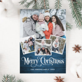 Tarjeta Festiva Saludo FOTOGRÁFICO Rústico Blue Wood 4 navidades