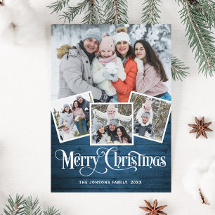 Tarjeta Festiva Saludo FOTOGRÁFICO Rústico Blue Wood 4 navidades