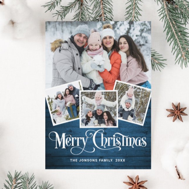 Tarjeta Festiva Saludo FOTOGRÁFICO Rústico Blue Wood 4 navidades (Subido por el creador)