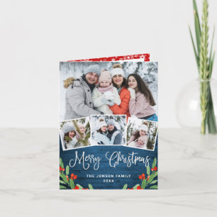 Tarjeta Festiva Saludo FOTOGRÁFICO Rústico Blue Wood 4 navidades