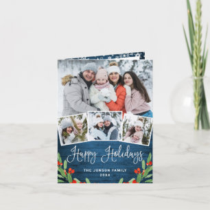 Tarjeta Festiva Saludo FOTOGRÁFICO Rústico Blue Wood 4 navidades