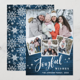 Tarjeta Festiva Saludo FOTOGRÁFICO Rústico Blue Wood 4 navidades