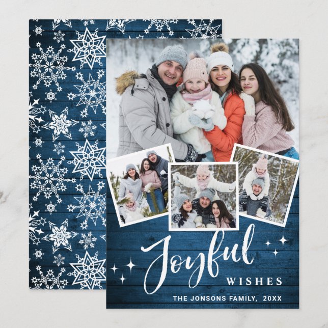 Tarjeta Festiva Saludo FOTOGRÁFICO Rústico Blue Wood 4 navidades (Anverso / Reverso)