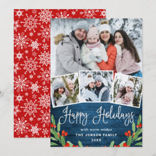 Tarjeta Festiva Saludo FOTOGRÁFICO Rústico Blue Wood 4 navidades