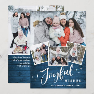 Tarjeta Festiva Saludo FOTOGRÁFICO Rústico Blue Wood 7 navidades