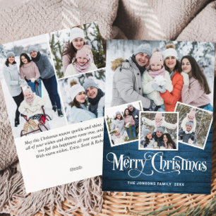 Tarjeta Festiva Saludo FOTOGRÁFICO Rústico Blue Wood 7 navidades