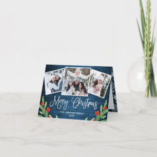 Tarjeta Festiva Saludo FOTOGRÁFICO Rústico De Madera Azul 3 navida