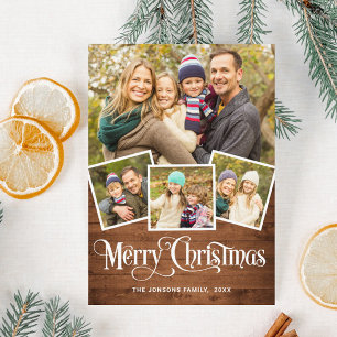Tarjeta Festiva Saludo FOTOGRÁFICO Rústico Wood 4 navidades