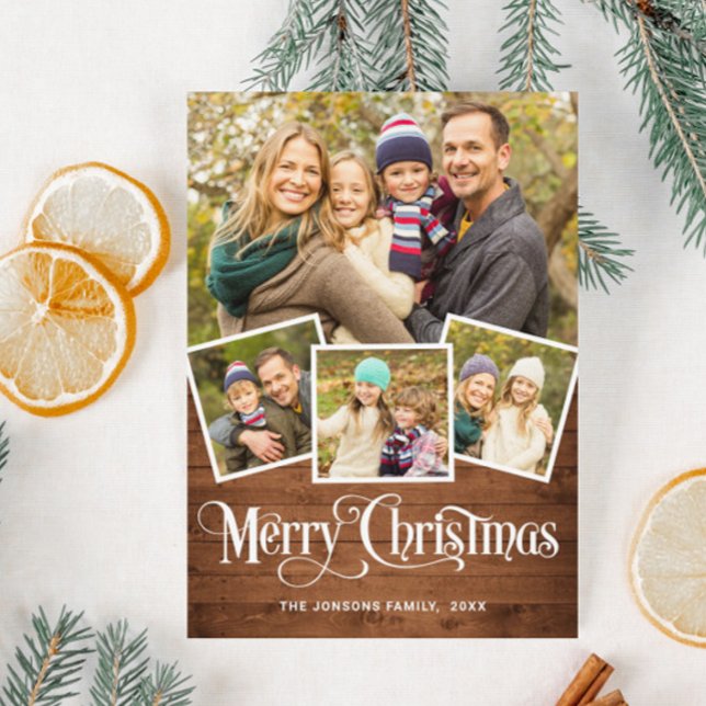 Tarjeta Festiva Saludo FOTOGRÁFICO Rústico Wood 4 navidades (Subido por el creador)