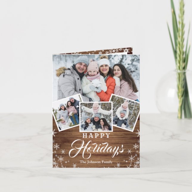 Tarjeta Festiva Saludo FOTOGRÁFICO Rústico Wood 6 navidades (Anverso)