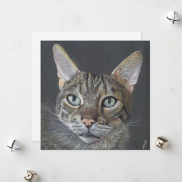 Tarjeta Festiva Saludo Gato Bengal Arte fino en blanco 