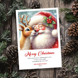 Tarjeta Festiva Saludo navideño clásico y acogedor de Santa y Rudo