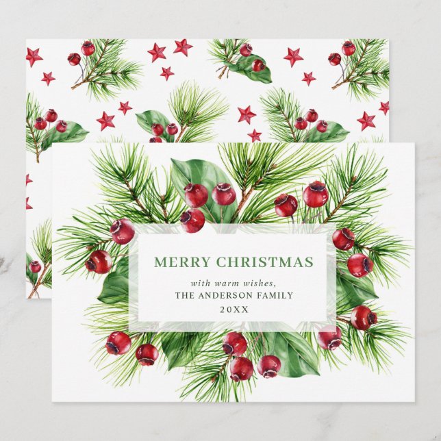 Tarjeta Festiva Saludo Navideño Festivo de Bayas de Acebo (Anverso / Reverso)