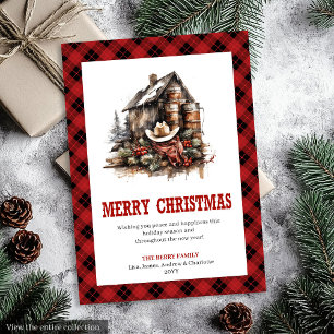 Tarjeta Festiva Saludo navideño occidental a cuadros de búfalo aco