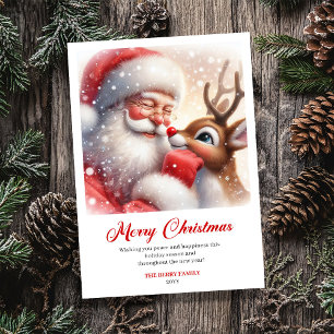 Tarjeta Festiva Saludo Navideño Tradicional de Santa y Rudolph