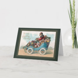 Tarjeta Festiva Saludo navideño vintage - Papá Noel en el auto